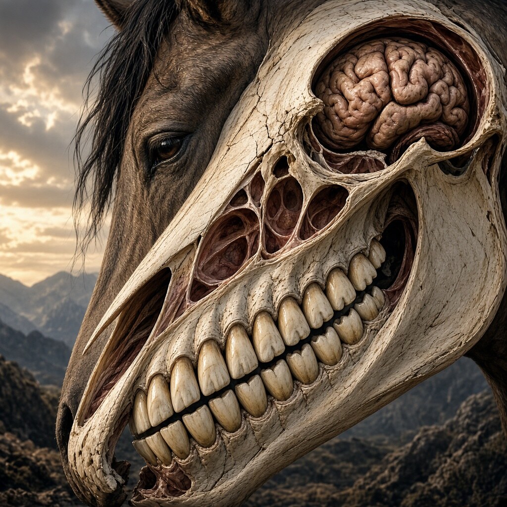 A horse’s teeth take up more skull space than its brain