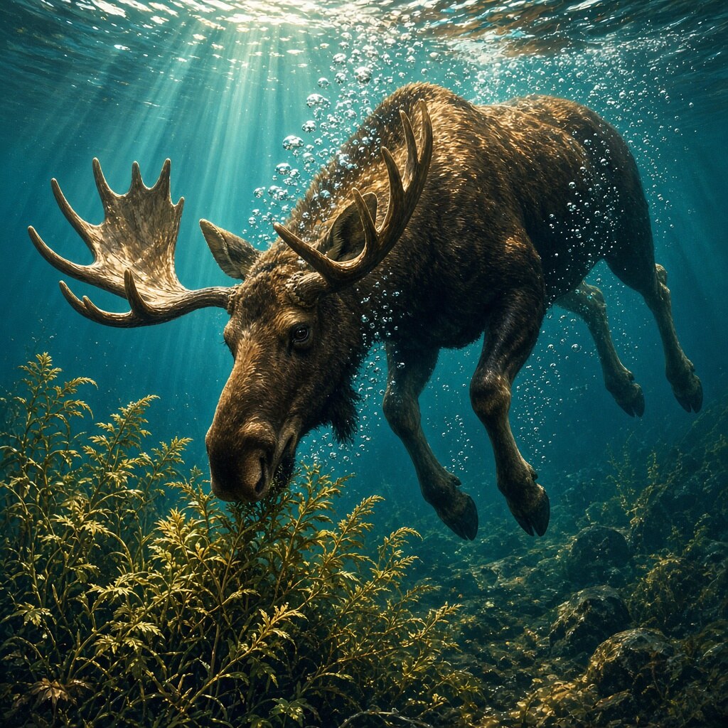 A moose can dive several meters underwater to eat plants
