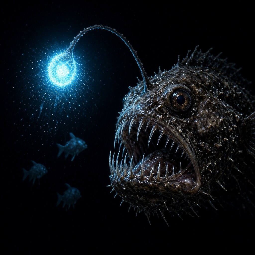 Deep-sea anglerfish use glowing lures made by symbiotic bacteria