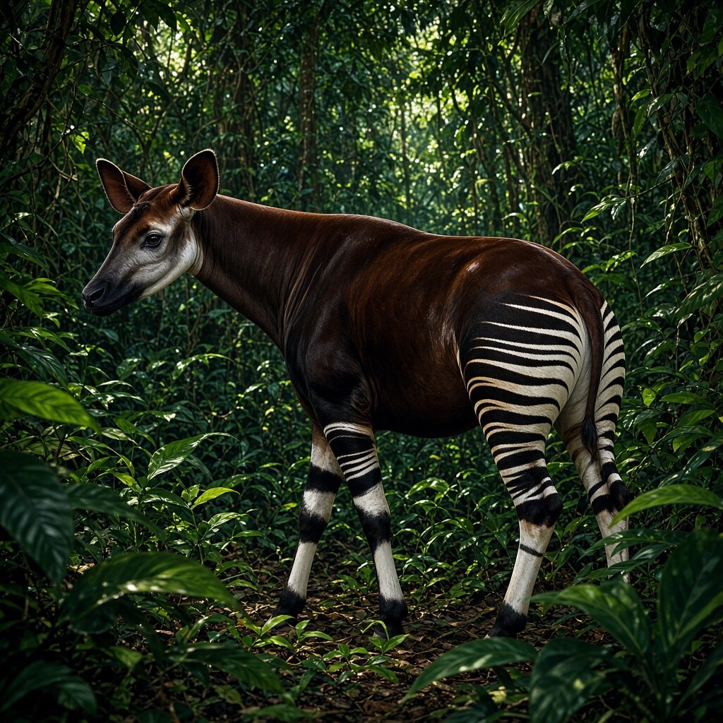 Okapis have zebra-like stripes only on their hindquarters